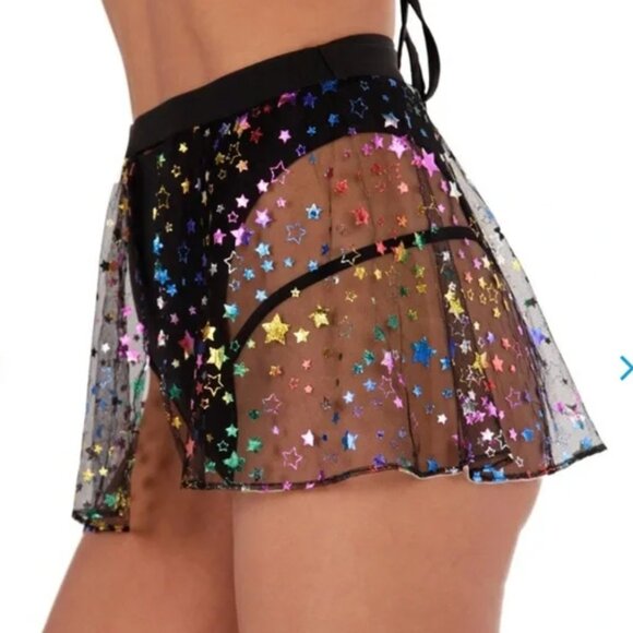 IHEARTRAVES Rainbow Stars Open Front Black Mesh Mini Skirt Festival Rave Size S - Picture 2 of 15